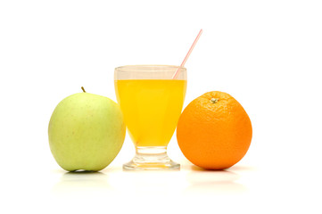 apple, orange and juice with straw isolated on whi