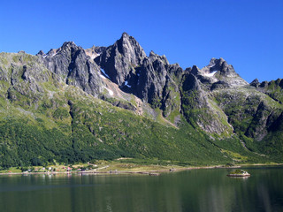 sheer mountain peaks and a lake