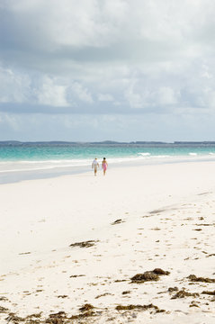 couple on pink beach, bahamas