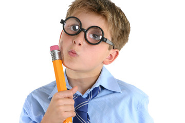 comical boy holding a pencil and thinking