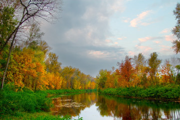 colourful autumn landscape of river and bright tre