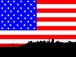 Fototapeta na wymiar san francisco skyline against american flag