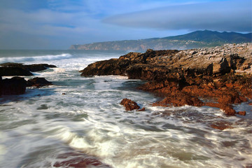 Fototapeta premium beach with rocks, waves stream and fog