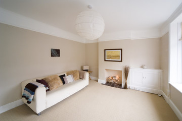 living room in newly restored rebuilt house