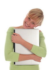 woman holding laptop computer