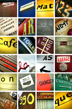 Mosa&iuml;que d'images sur le th&egrave;me des pancartes et de enseignes commerciales