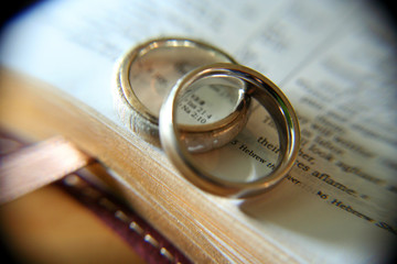 two gold rings on an open bible