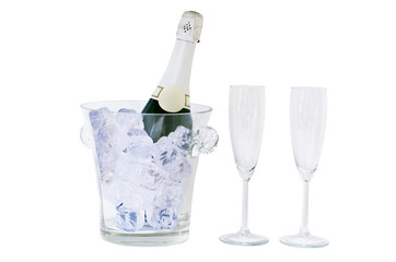 champagne bottle and glass isolated on white