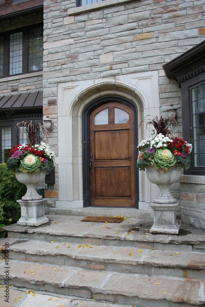 Poster front steps with fall flowers