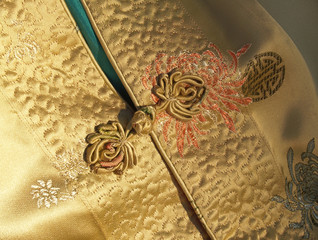 chinese silk jacket detail with frog closure