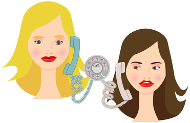 2 girls talk on retro phones