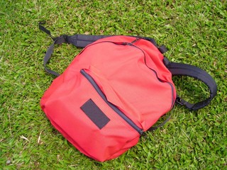 single red bag against grass field