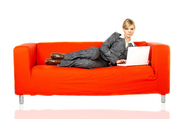 woman on red couch