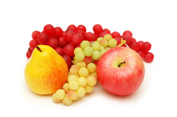 peach, apple and grapes isolated on white