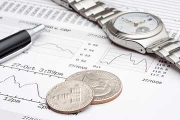 financial charts, some change and an expensive wat
