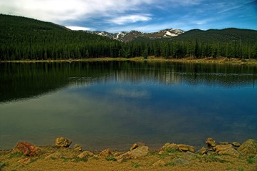 colorado mountains and lake with blue sky