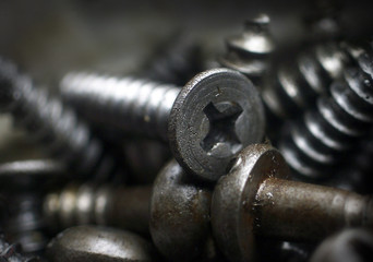 Fototapeta na wymiar Macro photo of screws. Set of screws. Construction abstraction. Industrial background. Screws macro photo, screw background, steel screw, screw macro.
