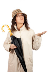 upset woman holding umbrella