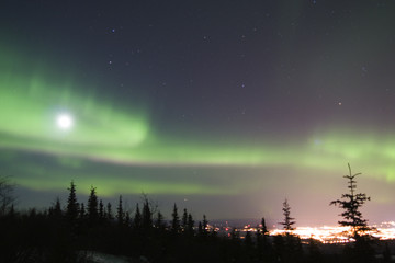 full moon and active colorful aurora over fairbank © Roman Krochuk