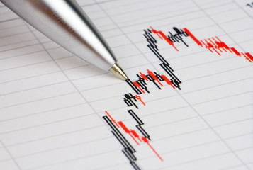 pen showing diagram on financial report/magazine