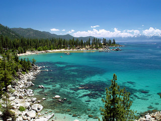 Clear shallow transparent water, Lake Tahoe beach on east shore