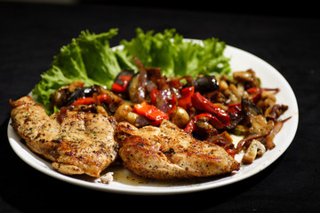 pan fried chicken with roasted vegetables