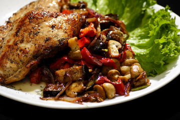 pan fried chicken with roasted vegetables