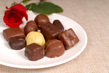 variety of chocolates and a rose on a white plate