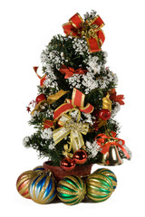 Fototapeta na wymiar christmas spheres and handbell under a fur-tree