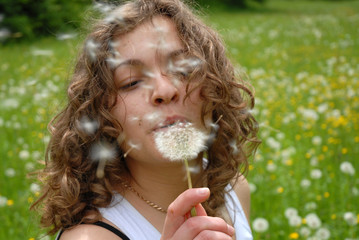 girl is blowing on dandelion