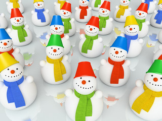 colourful christmas snowmans in scarfs on skating rink