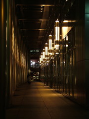 city lights at night in canary wharf, london