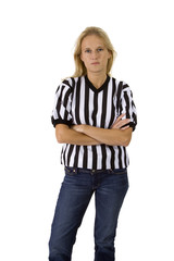 beautiful blonde woman referee shirt serious expression