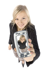 headshot of young blonde woman with palmtop