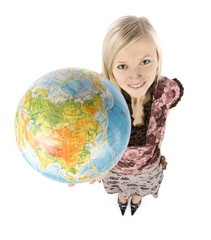 young blonde woman with globe