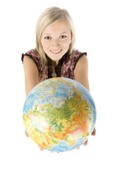 young blonde woman with globe