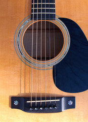 guitar soundhole, bridge, and fingerboard