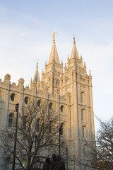 salt lake temple east spires from south at dusk