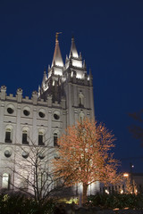 Fototapeta na wymiar Świątynia Salt Lake iglica na wschód i choinki