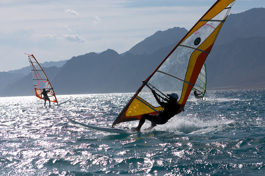 three windsurfers