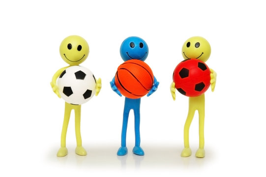 three smilies with footballs and basketballs isola