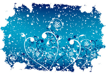 abstract grunge winter background with flakes and flowers in blu