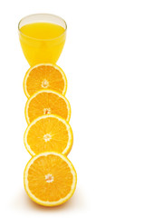row of half cut oranges and oranje juice isolated