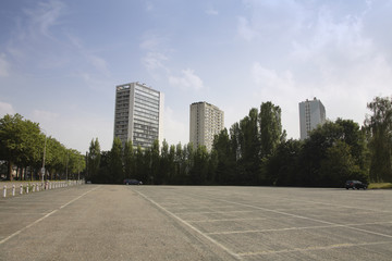 view on buildings with empty parking space