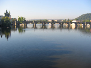 charles bridge and vltava river in the morning.