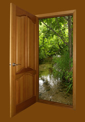 opened wooden door with forest brown