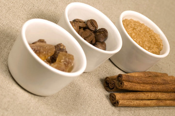 coffe beans, brown sugar and cinnamon