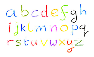 the alphabet written in crayon.