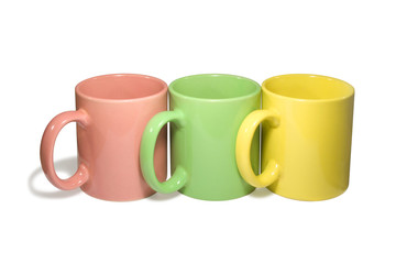 three colorful mugs