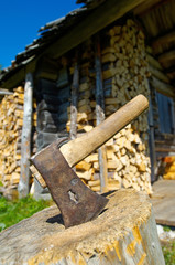 steel axe and wood